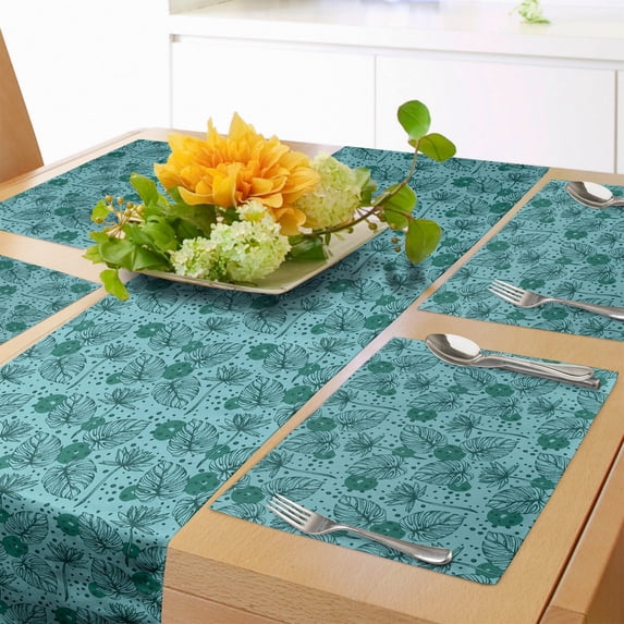 Ambesonne Tropical Table Runner & Placemats, Lotus and Monstera Leaves, Placemat 4 pcs + Runner 12"x72", Forest Green Seafoam