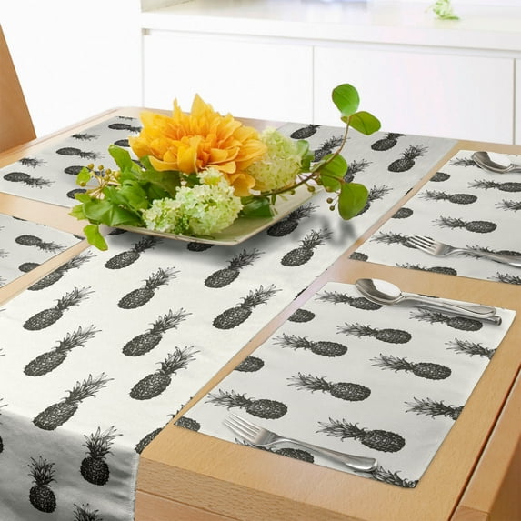 Ambesonne Tropical Table Runner & Placemats, Sketch of Pineapples, Placemat 4 pcs + Runner 16"x72", Charcoal Grey and Ivory