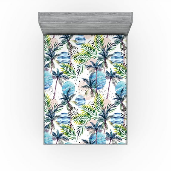 Ambesonne Tropical Themed Fitted Sheet, Retro Wave Hawaii, Full Size, Fern Green Eggshell Rose