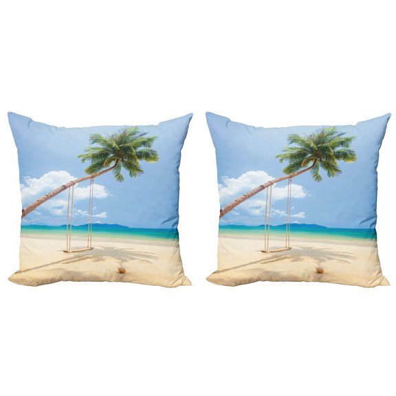 Ambesonne Tropical Throw Pillow Cover 2 Pack, Coconut Palms Island, 16", Cream Blue Green