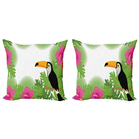 Ambesonne Tropical Throw Pillow Cover 2 Pack, Exotic Plants and Bird, 16", Lime Green Multicolor