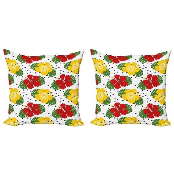 Ambesonne Tropical Throw Pillow Cover 2 Pack, Grunge Dots and Hibiscus, 16", White Multicolor