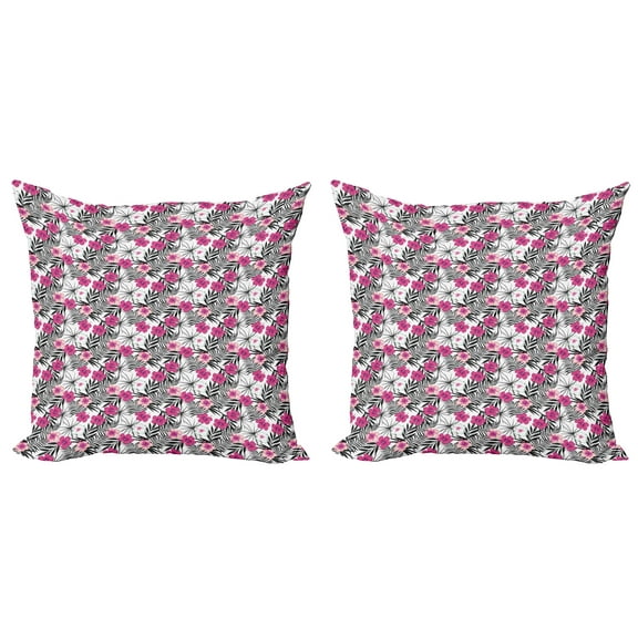 Ambesonne Tropical Throw Pillow Cover 2 Pack, Leaf Background Floral, 18", Charcoal Grey Magenta