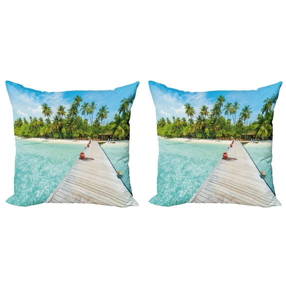 Ambesonne Tropical Throw Pillow Cover 2 Pack, Maldives Island Beach, 24", Fern Green Turquoise