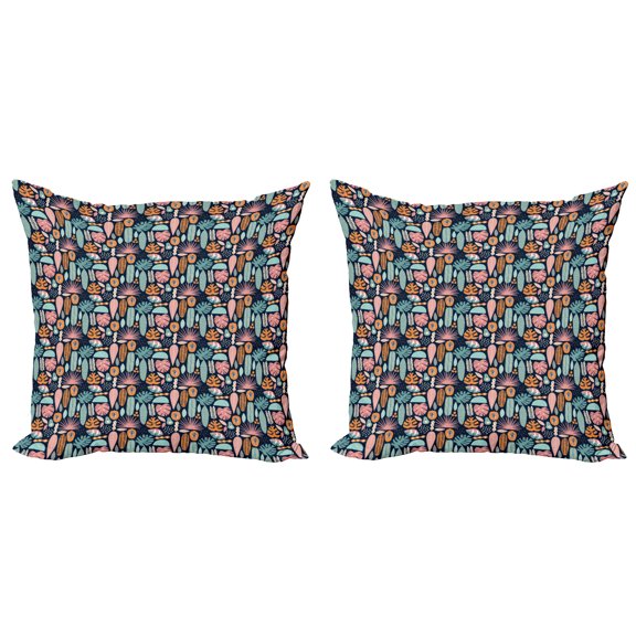 Ambesonne Tropical Throw Pillow Cover 2 Pack, Ornamental Jungle Elements, 18", Multicolor