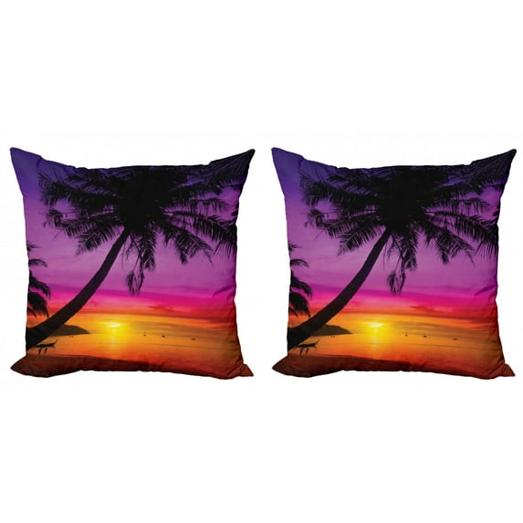 Ambesonne Tropical Throw Pillow Cover 2 Pack, Palm Shadow at Sunset, 16", Purple Orange Black