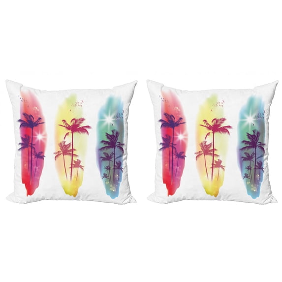 Ambesonne Tropical Throw Pillow Cover 2 Pack, Palm Trees Seagulls, 16", Pale Yellow Fuchsia