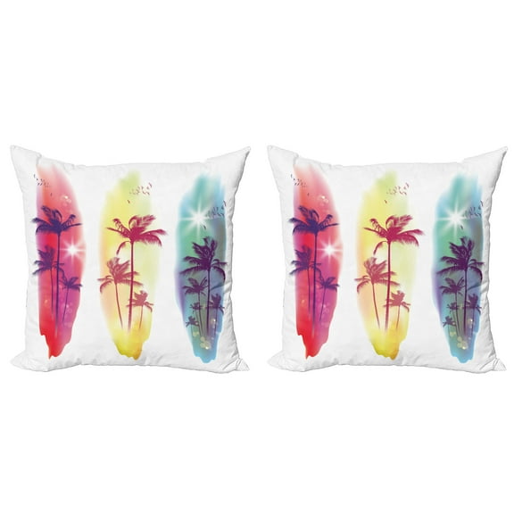 Ambesonne Tropical Throw Pillow Cover 2 Pack, Palm Trees Seagulls, 24", Pale Yellow Fuchsia
