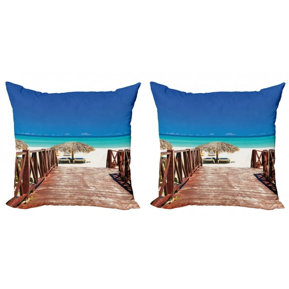 Ambesonne Tropical Throw Pillow Cover 2 Pack, Sandy Beach Resort, 18", Chocolate Navy Turquoise