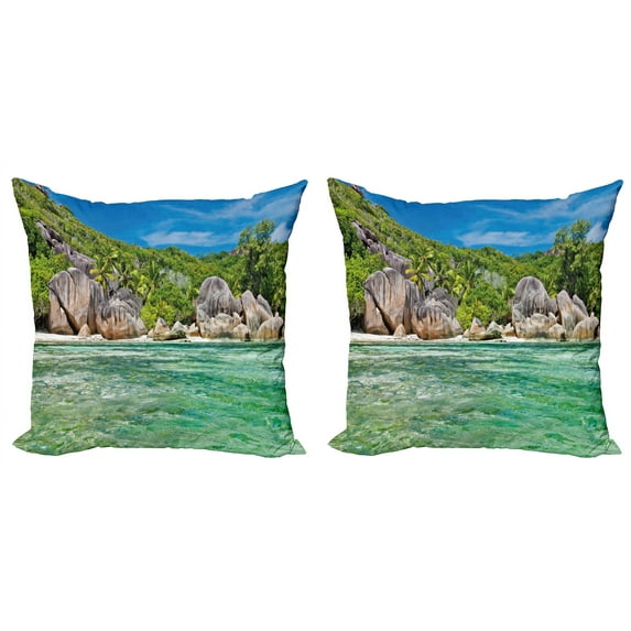 Ambesonne Tropical Throw Pillow Cover 2 Pack, Scenery of Island Tree, 24", Blue and Fern Green