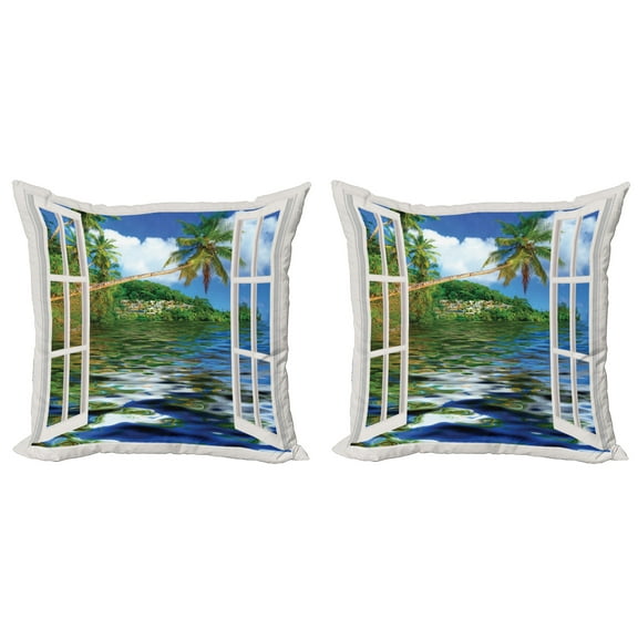 Ambesonne Tropical Throw Pillow Cover 2 Pack, Sea Palms Exotic Village, 20", Green and Sea Blue