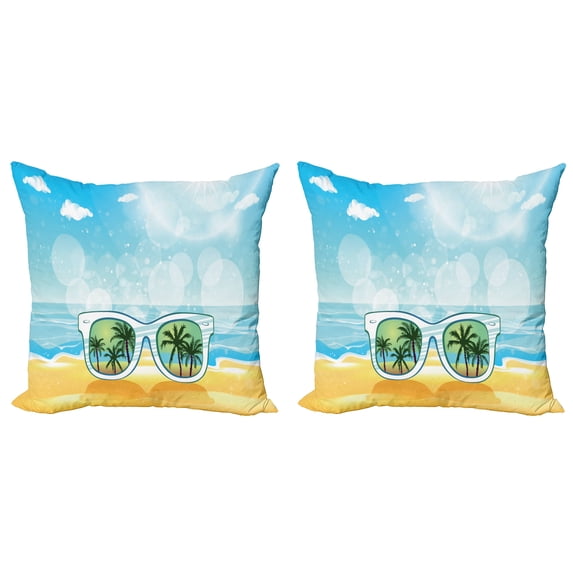 Ambesonne Tropical Throw Pillow Cover 2 Pack, Sunglasses Reflection Tree, 16", Pale Blue Mustard White