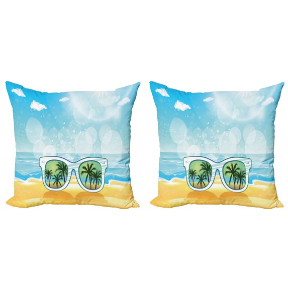 Ambesonne Tropical Throw Pillow Cover 2 Pack, Sunglasses Reflection Tree, 20", Pale Blue Mustard White