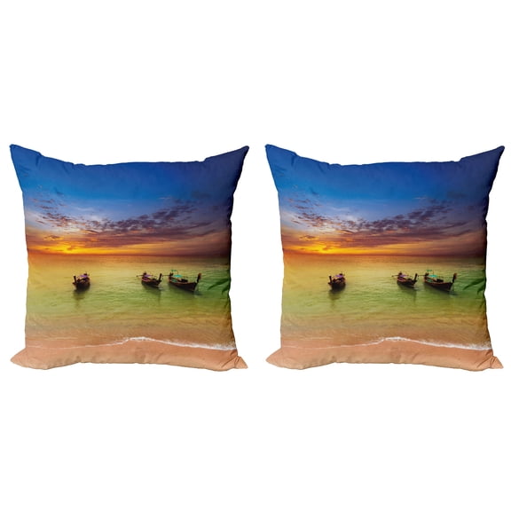 Ambesonne Tropical Throw Pillow Cover 2 Pack, Thailand Boat in Ocean, 16", Multicolor