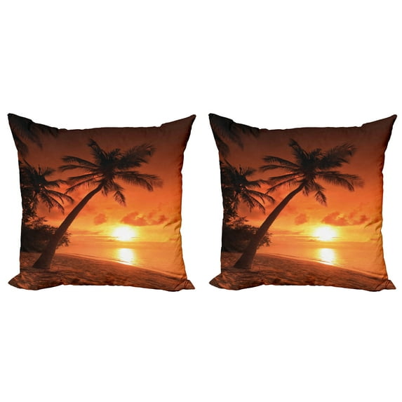 Ambesonne Tropical Throw Pillow Cover 2 Pack, Twilight Coconut Palms, 16", Coral Orange Brown