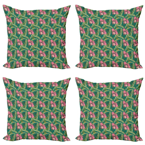 Ambesonne Tropical Throw Pillow Cover 4 Pack, Banana Leaves Hibiscus, 20", Teal Olive Green Pink