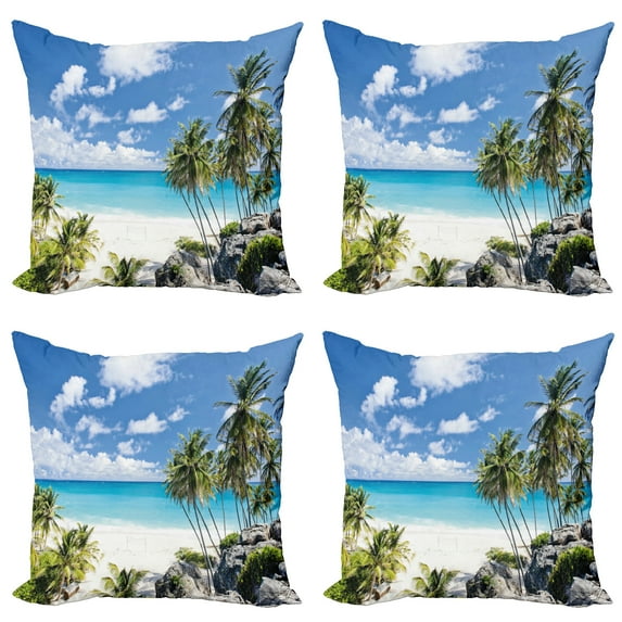 Ambesonne Tropical Throw Pillow Cover 4 Pack, Barbados Beach Ocean, 18", Multicolor