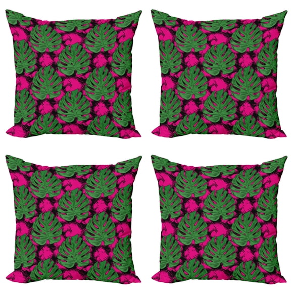 Ambesonne Tropical Throw Pillow Cover 4 Pack, Big and Detailed Leaves, 24", Hot Pink Fern Green