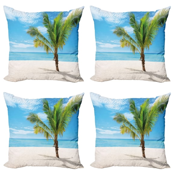 Ambesonne Tropical Throw Pillow Cover 4 Pack, Coconut Palm at Beach, 20", Blue Cream Green