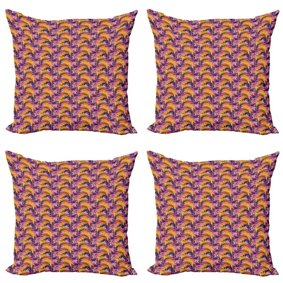 Ambesonne Tropical Throw Pillow Cover 4 Pack, Exotic Botanical Aloha Art, 20", Dark Lavender Marigold