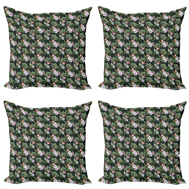 Ambesonne Tropical Throw Pillow Cover 4 Pack, Exotic Flamingo Bouquet, 16", Hunter Green Multicolor