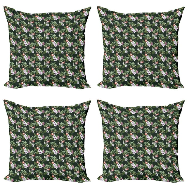 Ambesonne Tropical Throw Pillow Cover 4 Pack, Exotic Flamingo Bouquet, 16", Hunter Green Multicolor