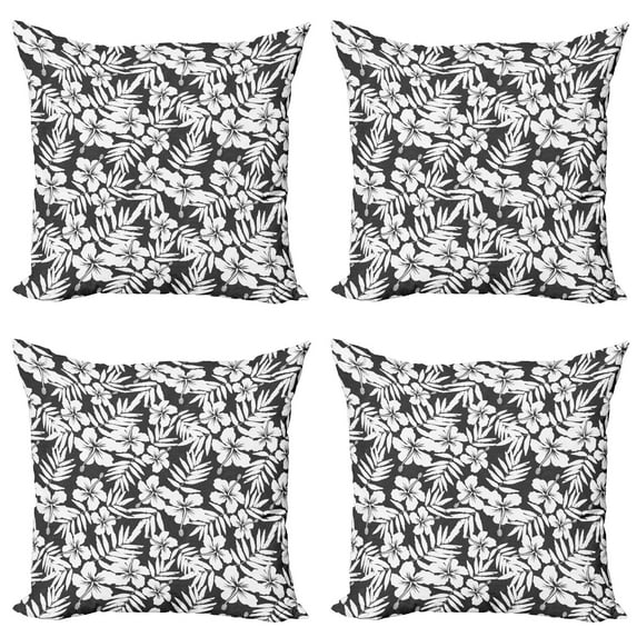 Ambesonne Tropical Throw Pillow Cover 4 Pack, Exotic Hibiscus Flower, 20", Grey and White