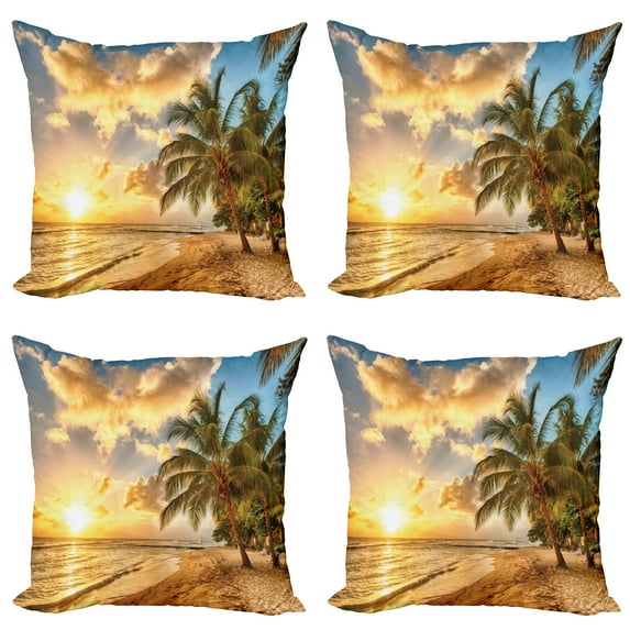 Ambesonne Tropical Throw Pillow Cover 4 Pack, Exotic Sandy Beach, 16", Cream Blue