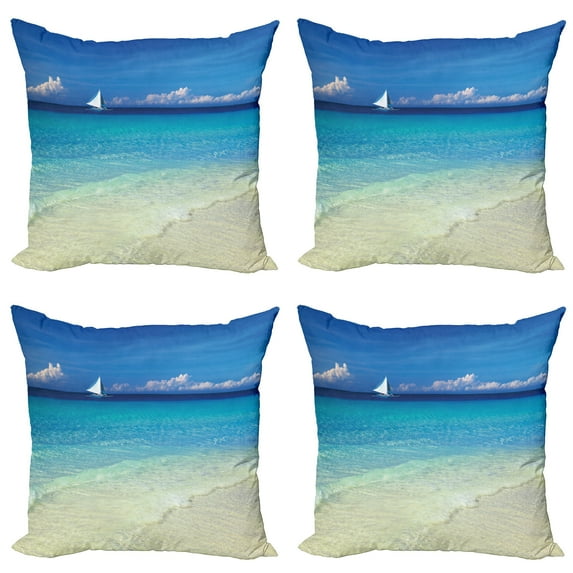Ambesonne Tropical Throw Pillow Cover 4 Pack, Exotic Seashore View, 20", Turquoise Cream