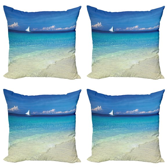 Ambesonne Tropical Throw Pillow Cover 4 Pack, Exotic Seashore View, 20", Turquoise Cream