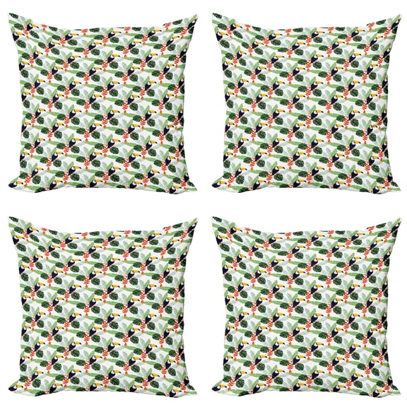 Ambesonne Tropical Throw Pillow Cover 4 Pack, Flowers and Toucan Birds, 16", Multicolor