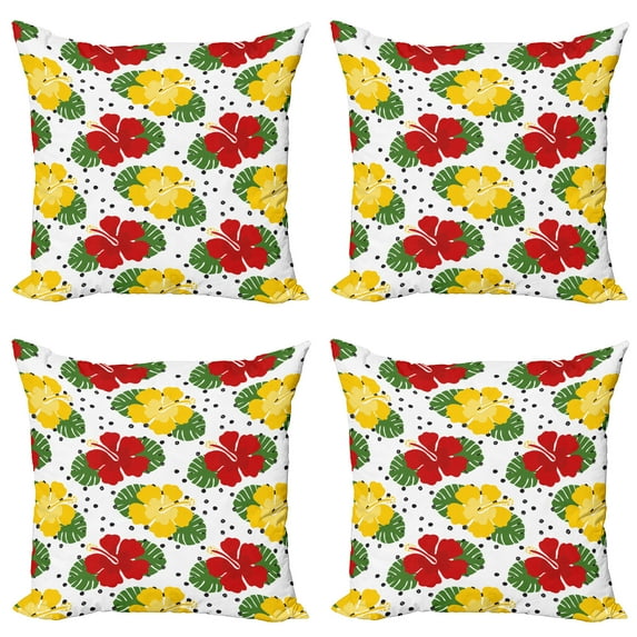 Ambesonne Tropical Throw Pillow Cover 4 Pack, Grunge Dots and Hibiscus, 24", White Multicolor