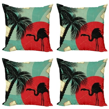 Ambesonne Tropical Throw Pillow Cover 4 Pack, Grunge Flamingo Palm, 24", Multicolor