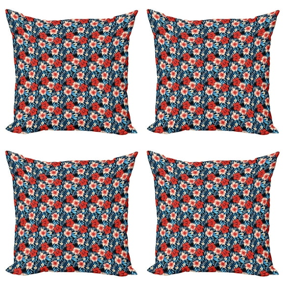 Ambesonne Tropical Throw Pillow Cover 4 Pack, Hibiscus Plumeria, 20", Multicolor