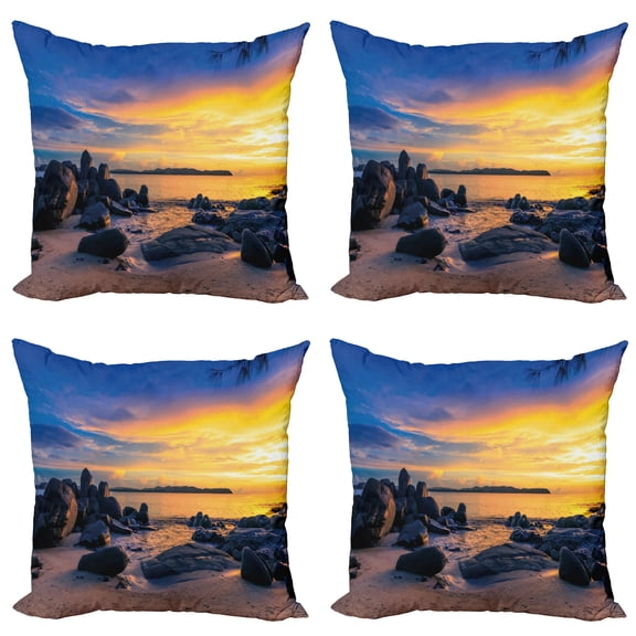 Ambesonne Tropical Throw Pillow Cover 4 Pack, Horizon Sky Beach View, 20", Royal Blue Marigold