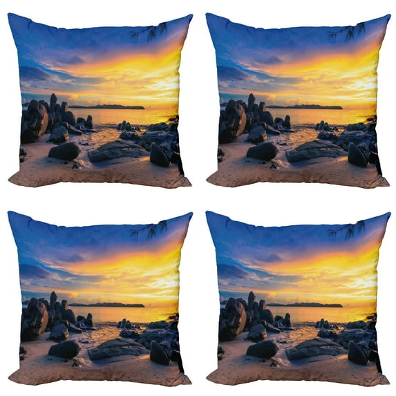 Ambesonne Tropical Throw Pillow Cover 4 Pack, Horizon Sky Beach View, 24", Royal Blue Marigold
