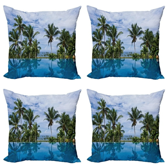 Ambesonne Tropical Throw Pillow Cover 4 Pack, Infinity Pool Palm, 20", Blue Green White