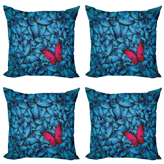 Ambesonne Tropical Throw Pillow Cover 4 Pack, Large Bugs Lepidoptera, 20", Pink Blue Brown