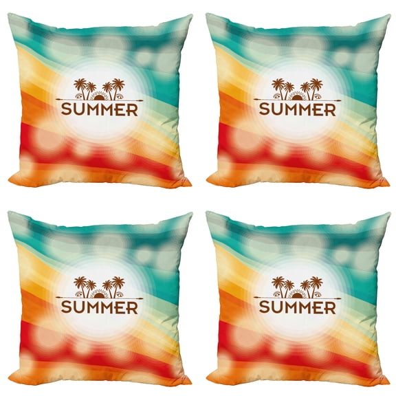 Ambesonne Tropical Throw Pillow Cover 4 Pack, Palm Tree Sun Holiday, 16", Orange Scarlet Teal