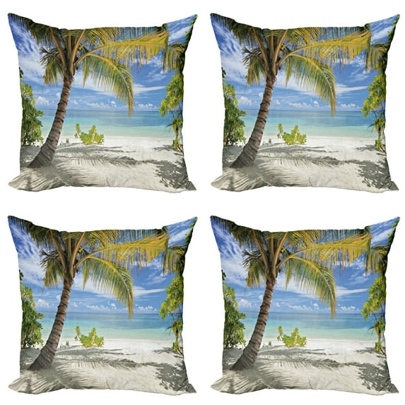 Ambesonne Tropical Throw Pillow Cover 4 Pack, Palm Trees Coastline, 18", Coconut and Blue
