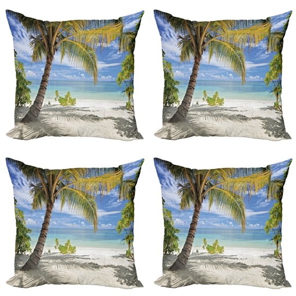 Ambesonne Tropical Throw Pillow Cover 4 Pack, Palm Trees Coastline, 18", Coconut and Blue