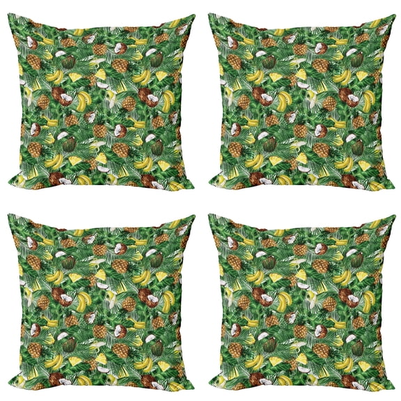 Ambesonne Tropical Throw Pillow Cover 4 Pack, Pineapples Banana Coconut, 16", Green Brown Yellow