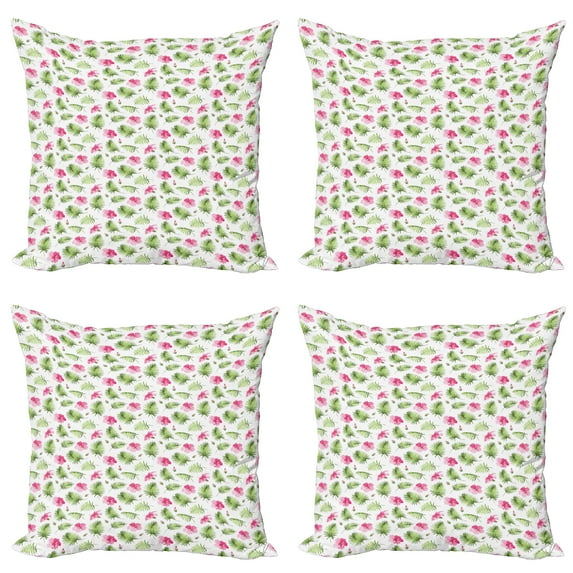 Ambesonne Tropical Throw Pillow Cover 4 Pack, Pink Hibiscus Palm, 18", Green Pink and White