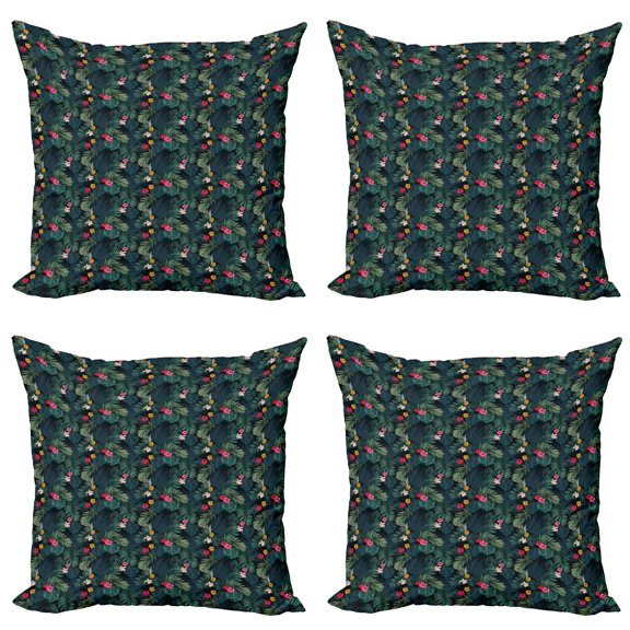 Ambesonne Tropical Throw Pillow Cover 4 Pack, Realistic Rainforest Flora, 20", Multicolor