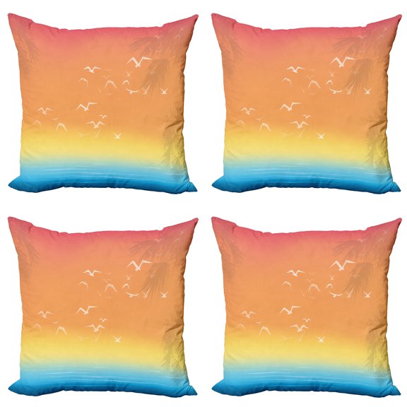 Ambesonne Tropical Throw Pillow Cover 4 Pack, Seagull Palm Trees Sun, 16", Multicolor