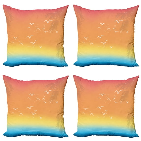 Ambesonne Tropical Throw Pillow Cover 4 Pack, Seagull Palm Trees Sun, 24", Multicolor