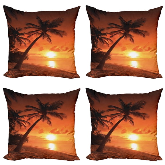 Ambesonne Tropical Throw Pillow Cover 4 Pack, Twilight Coconut Palms, 18", Coral Orange Brown