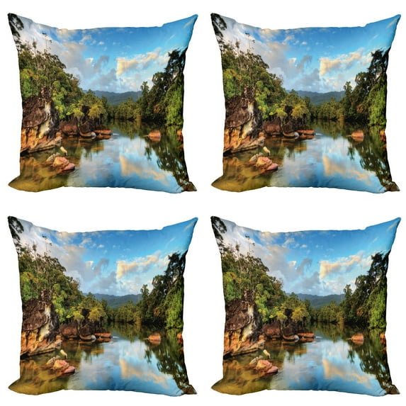 Ambesonne Tropical Throw Pillow Cover 4 Pack, View of Jungle River, 24", Multicolor