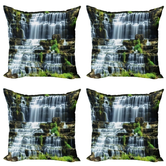 Ambesonne Tropical Throw Pillow Cover 4 Pack, Waterfall Jungle Rural, 16", Green White
