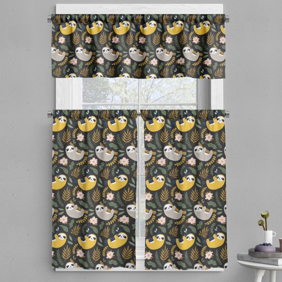 Ambesonne Tropical Valance & Curtain, Cartoon Flowers Sloth Art, 55"x24", Earth Yellow Sage Green